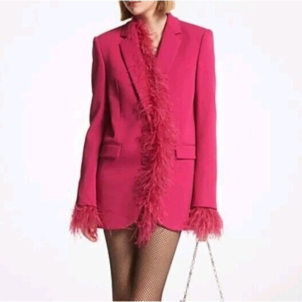Michael Kors Feather Trim Crepe Boyfriend Blazer Deep Fuchsia Pink Size 2